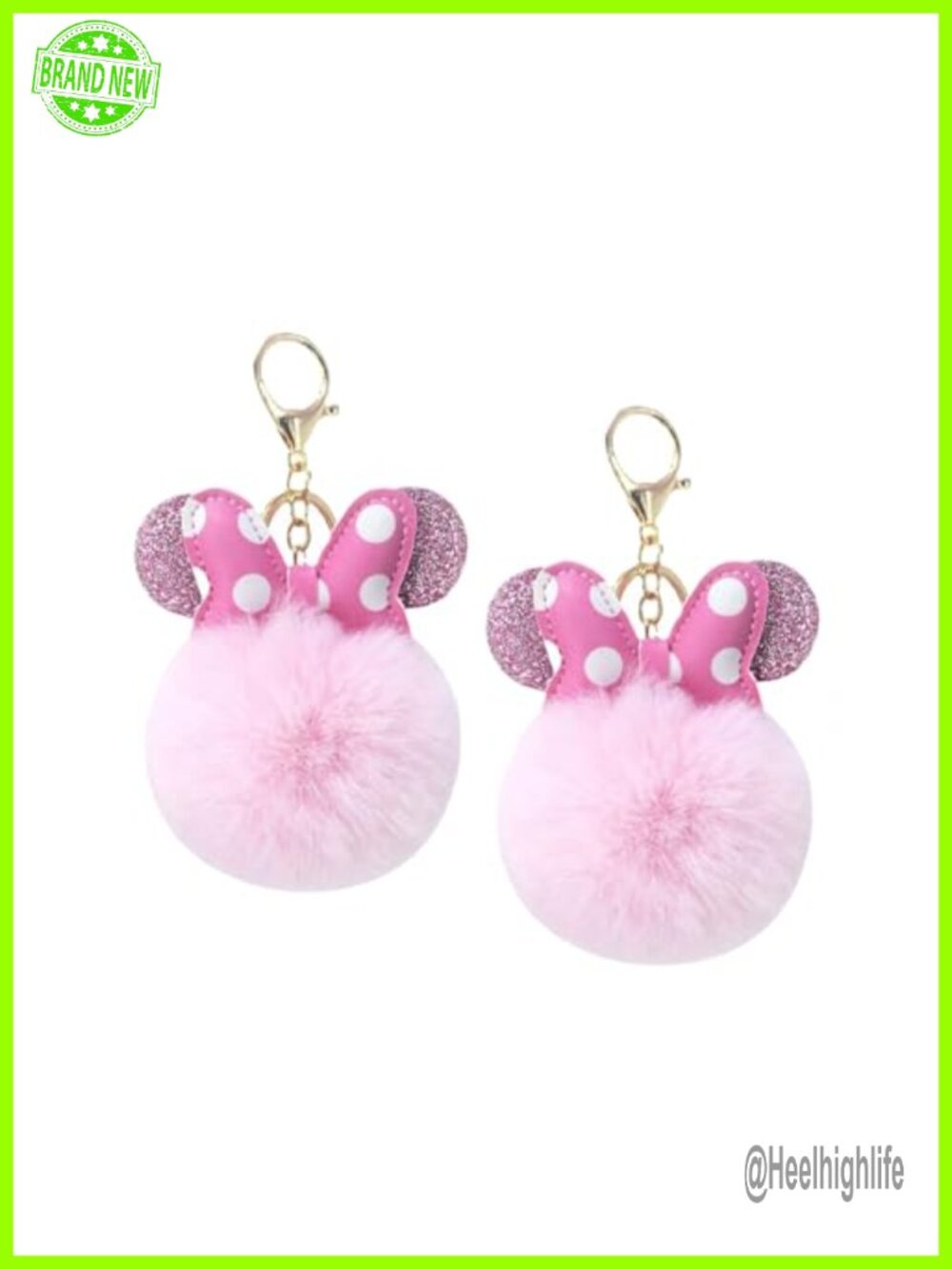 Faux Rabbit Fur Pom Pom Keychain - Mouse Ears & Polka Dot Bow, 2 Pack Keyring